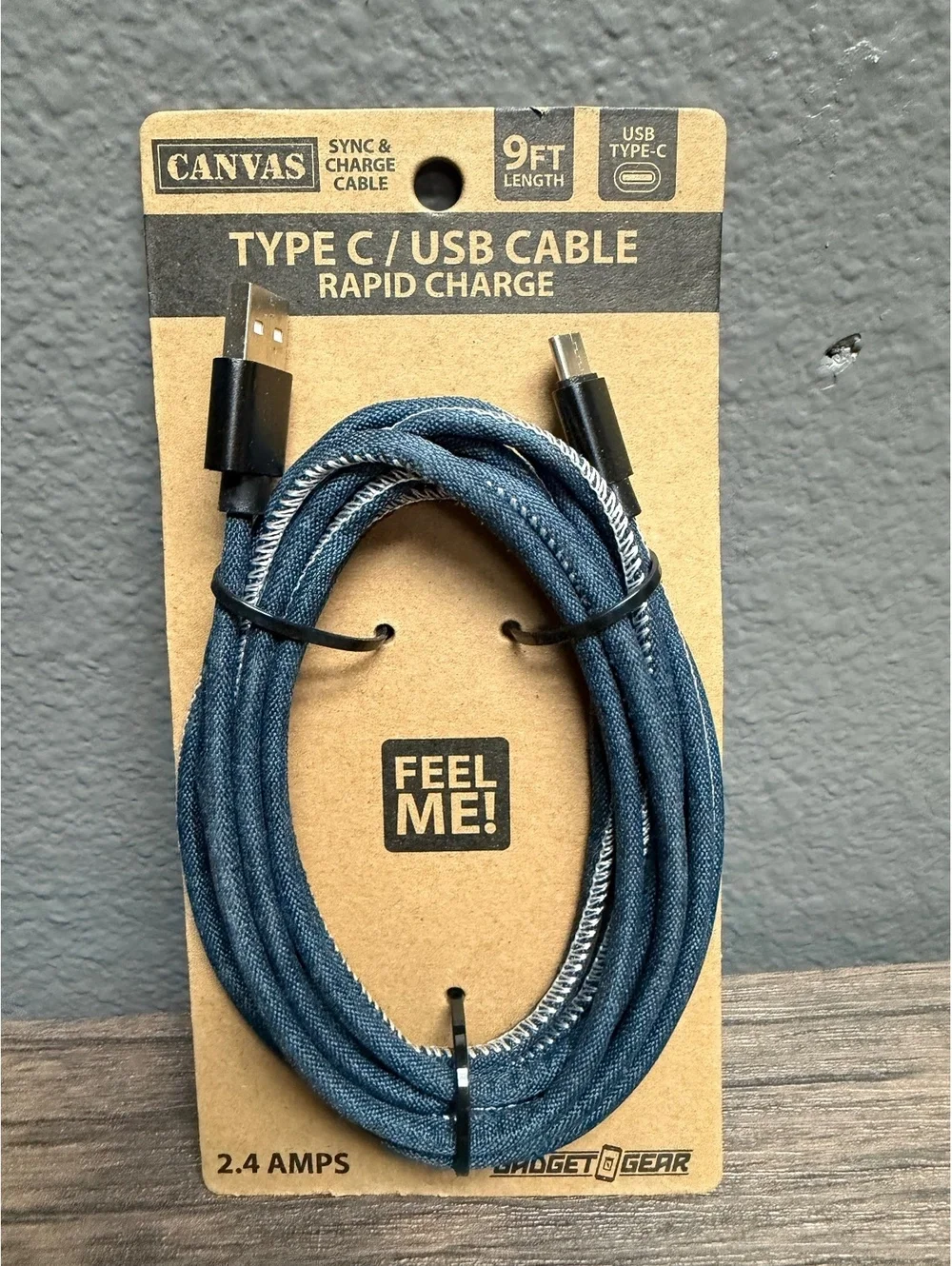 9ft USB-C to USB-A Fast Charging Cable 2.4A Canvas Denim Braided Long Cord